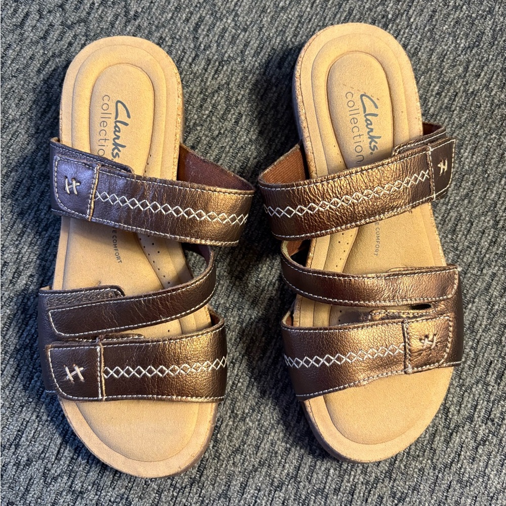 NWT Clarks Collection Roseville Bay Bronze Metallic Leather Sandals Women’s 7.5